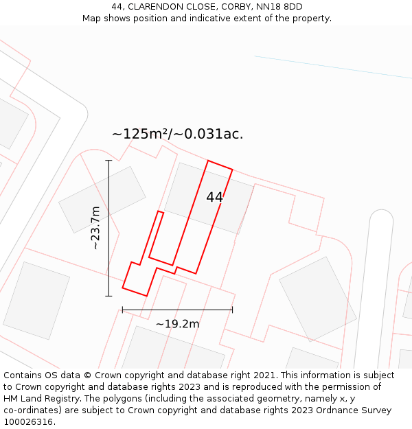 44, CLARENDON CLOSE, CORBY, NN18 8DD: Plot and title map