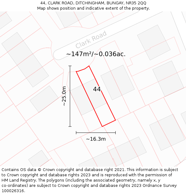 44, CLARK ROAD, DITCHINGHAM, BUNGAY, NR35 2QQ: Plot and title map