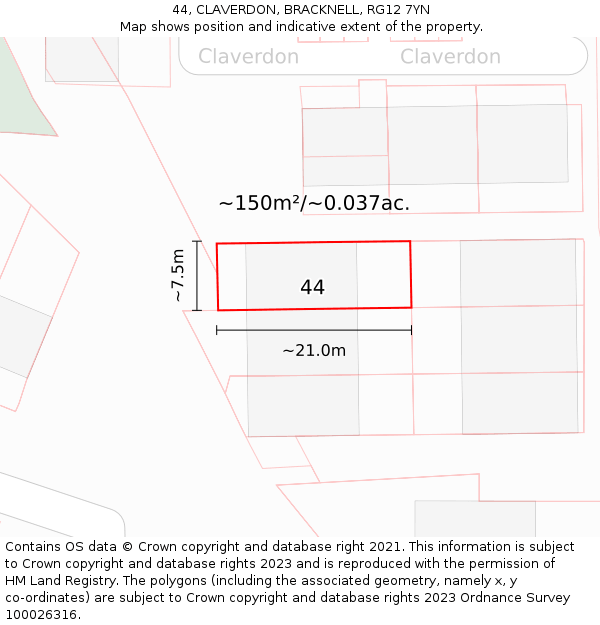 44, CLAVERDON, BRACKNELL, RG12 7YN: Plot and title map