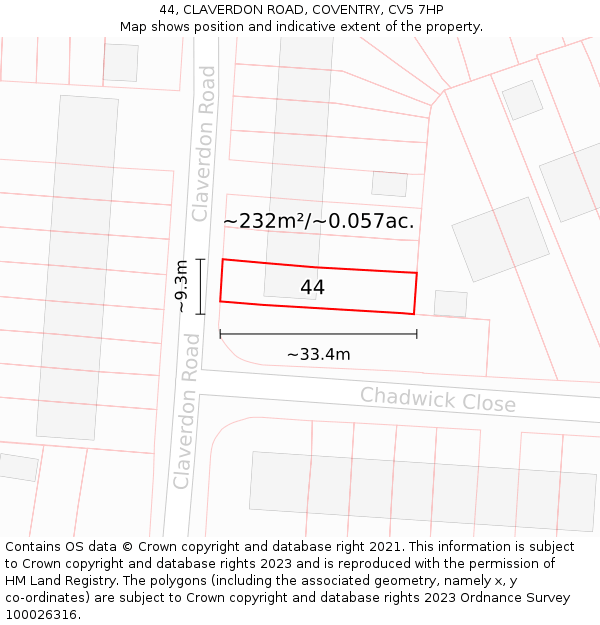 44, CLAVERDON ROAD, COVENTRY, CV5 7HP: Plot and title map