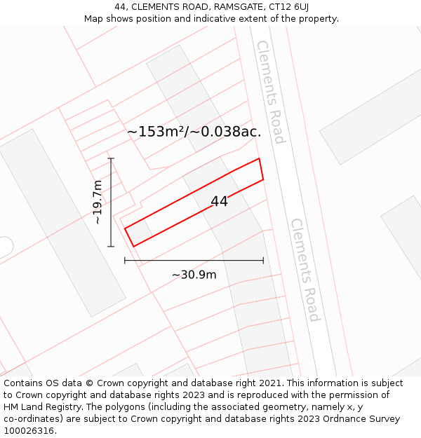 44, CLEMENTS ROAD, RAMSGATE, CT12 6UJ: Plot and title map