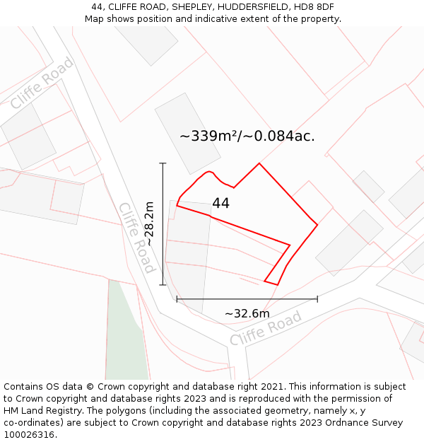 44, CLIFFE ROAD, SHEPLEY, HUDDERSFIELD, HD8 8DF: Plot and title map