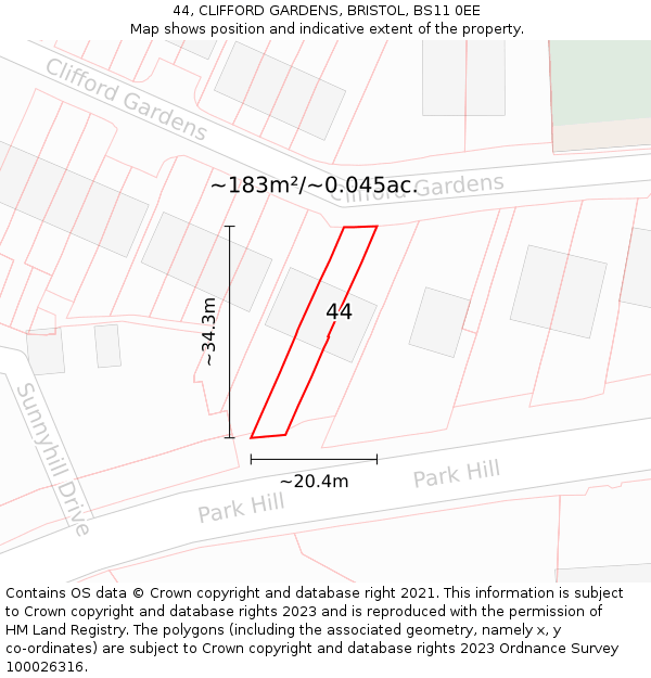 44, CLIFFORD GARDENS, BRISTOL, BS11 0EE: Plot and title map