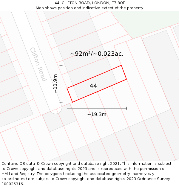 44, CLIFTON ROAD, LONDON, E7 8QE: Plot and title map