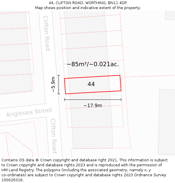 44, CLIFTON ROAD, WORTHING, BN11 4DP: Plot and title map