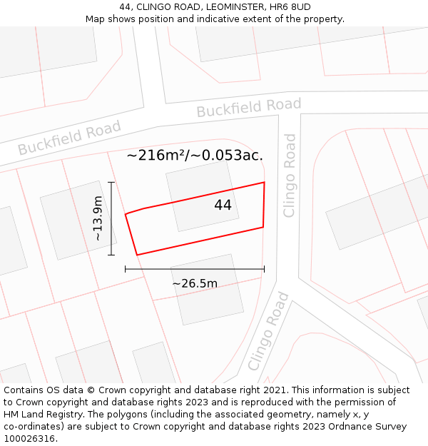 44, CLINGO ROAD, LEOMINSTER, HR6 8UD: Plot and title map
