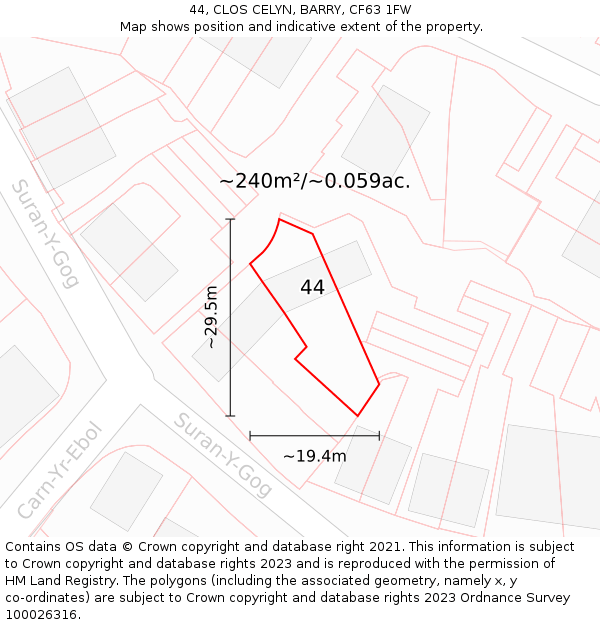 44, CLOS CELYN, BARRY, CF63 1FW: Plot and title map