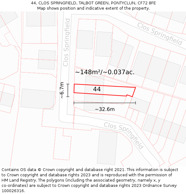 44, CLOS SPRINGFIELD, TALBOT GREEN, PONTYCLUN, CF72 8FE: Plot and title map