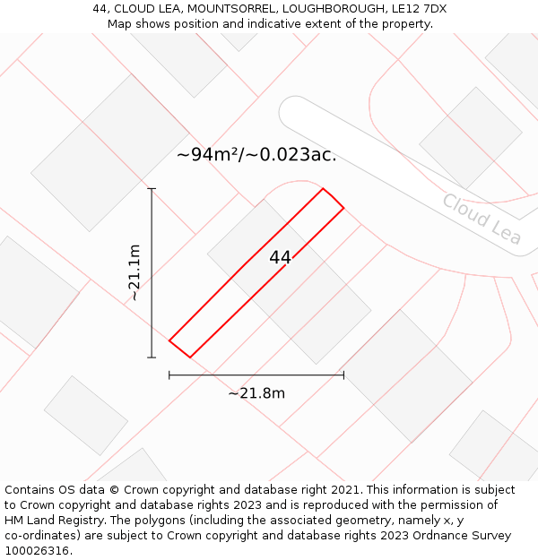 44, CLOUD LEA, MOUNTSORREL, LOUGHBOROUGH, LE12 7DX: Plot and title map