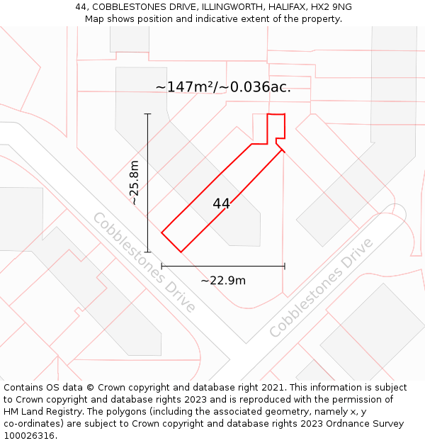 44, COBBLESTONES DRIVE, ILLINGWORTH, HALIFAX, HX2 9NG: Plot and title map