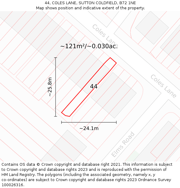 44, COLES LANE, SUTTON COLDFIELD, B72 1NE: Plot and title map