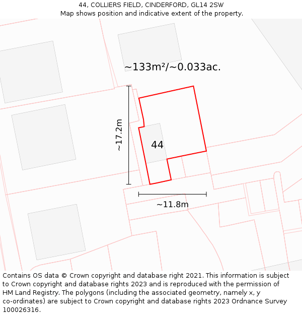 44, COLLIERS FIELD, CINDERFORD, GL14 2SW: Plot and title map