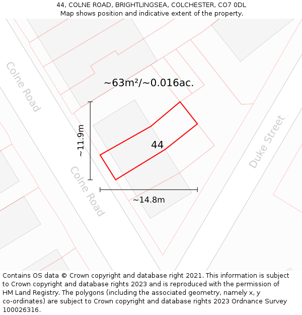 44, COLNE ROAD, BRIGHTLINGSEA, COLCHESTER, CO7 0DL: Plot and title map
