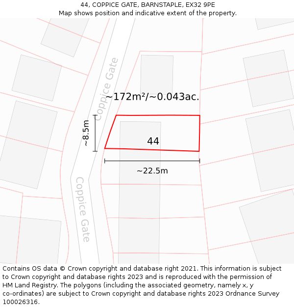 44, COPPICE GATE, BARNSTAPLE, EX32 9PE: Plot and title map