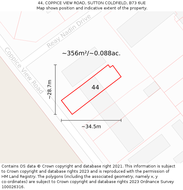 44, COPPICE VIEW ROAD, SUTTON COLDFIELD, B73 6UE: Plot and title map