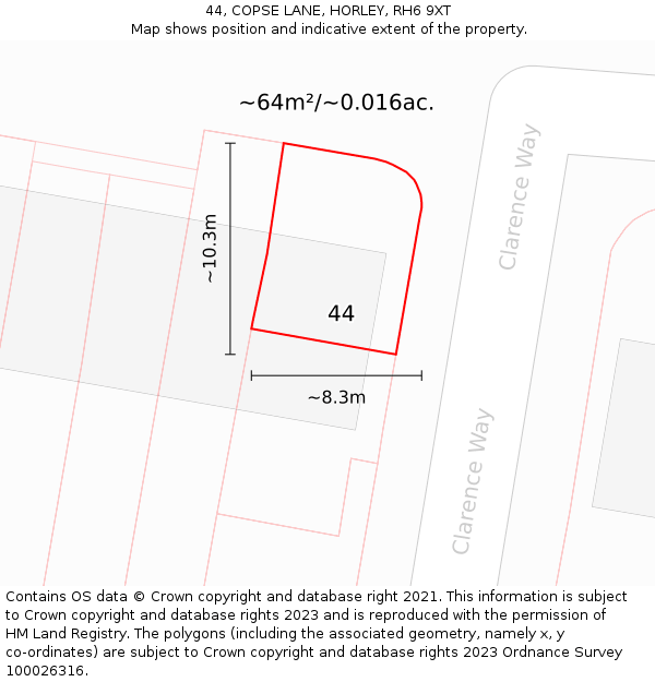 44, COPSE LANE, HORLEY, RH6 9XT: Plot and title map