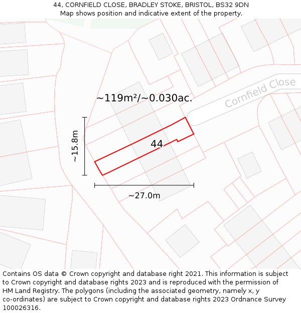 44, CORNFIELD CLOSE, BRADLEY STOKE, BRISTOL, BS32 9DN: Plot and title map