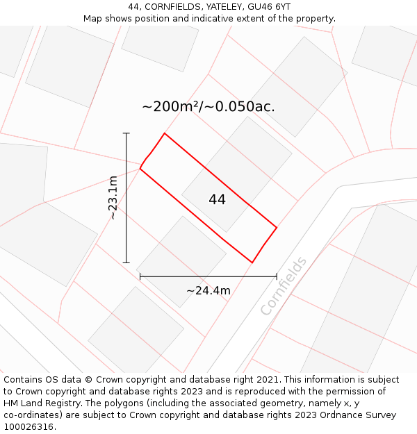44, CORNFIELDS, YATELEY, GU46 6YT: Plot and title map