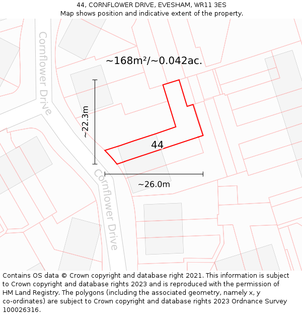 44, CORNFLOWER DRIVE, EVESHAM, WR11 3ES: Plot and title map