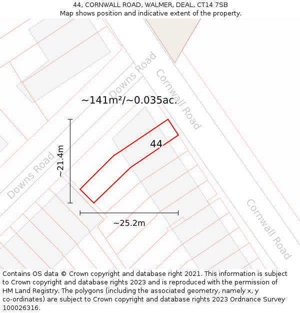 44, CORNWALL ROAD, WALMER, DEAL, CT14 7SB: Plot and title map