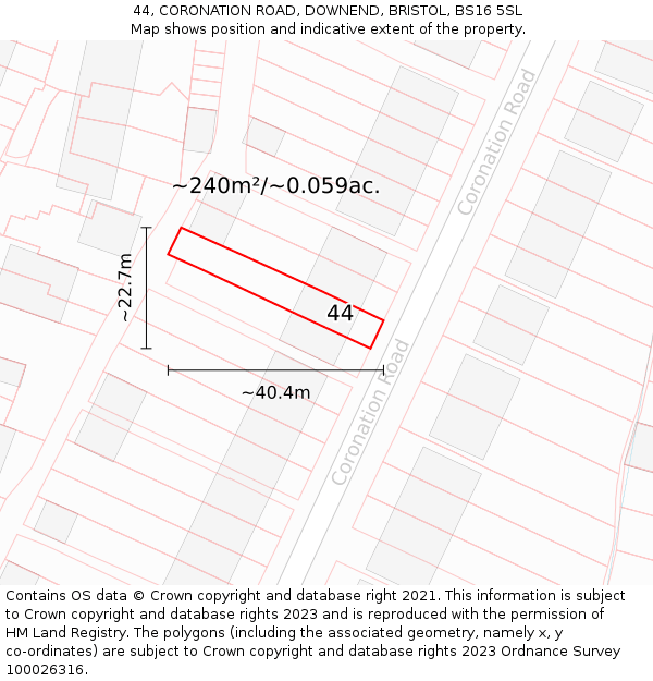 44, CORONATION ROAD, DOWNEND, BRISTOL, BS16 5SL: Plot and title map