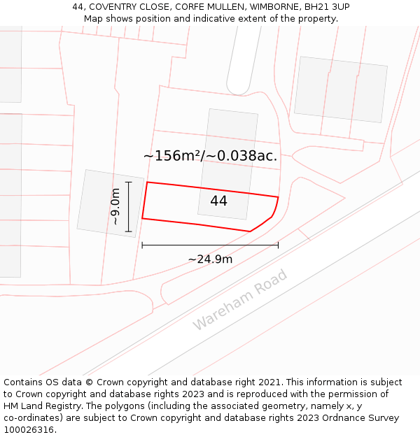 44, COVENTRY CLOSE, CORFE MULLEN, WIMBORNE, BH21 3UP: Plot and title map