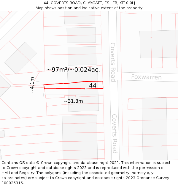 44, COVERTS ROAD, CLAYGATE, ESHER, KT10 0LJ: Plot and title map