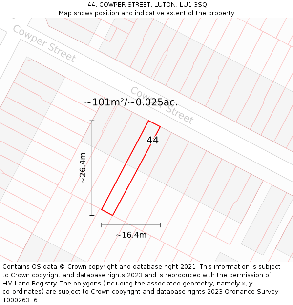 44, COWPER STREET, LUTON, LU1 3SQ: Plot and title map