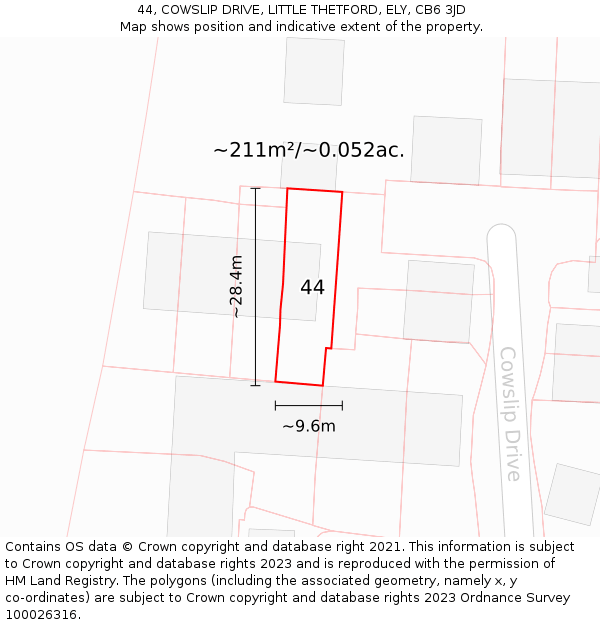 44, COWSLIP DRIVE, LITTLE THETFORD, ELY, CB6 3JD: Plot and title map
