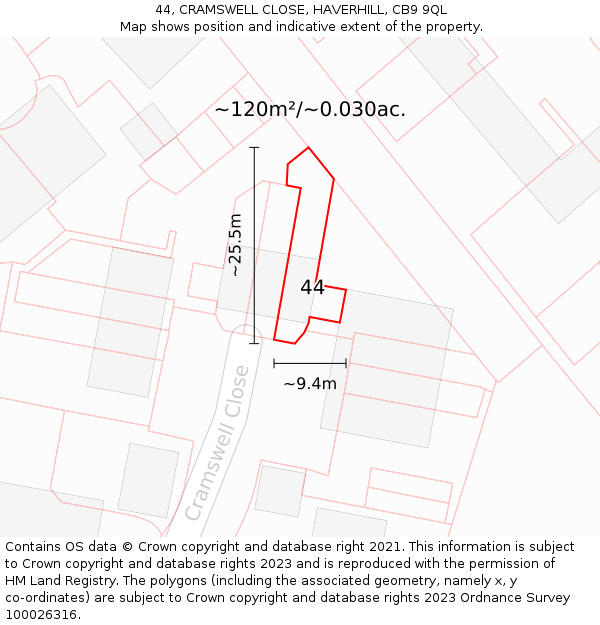 44, CRAMSWELL CLOSE, HAVERHILL, CB9 9QL: Plot and title map
