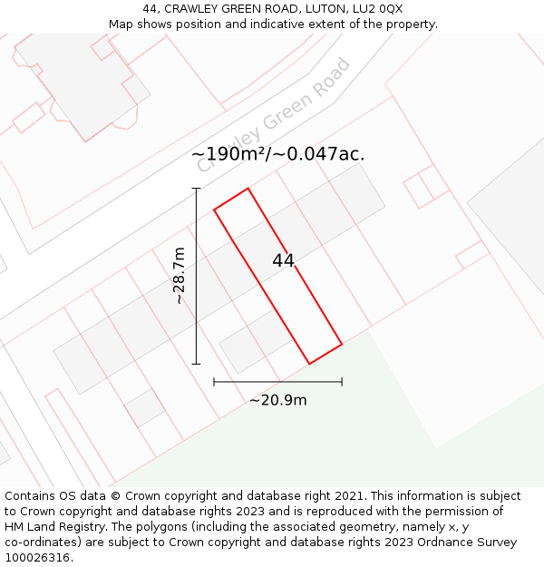 44, CRAWLEY GREEN ROAD, LUTON, LU2 0QX: Plot and title map