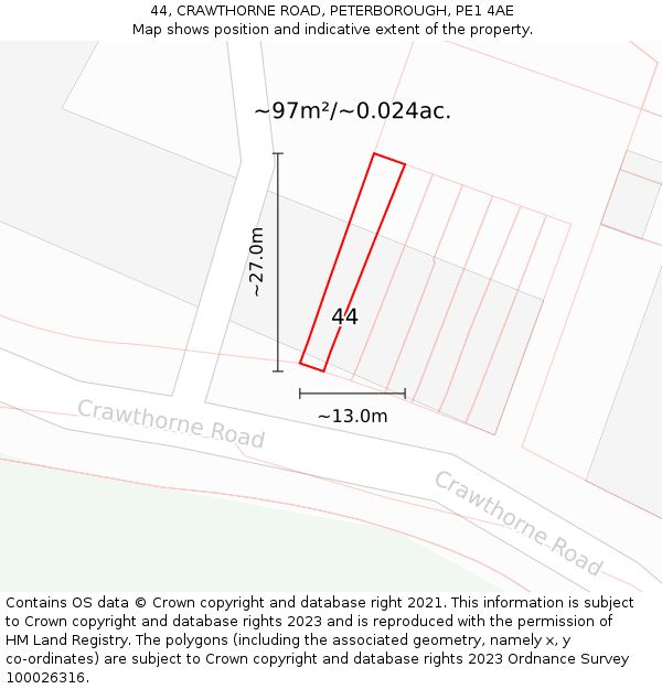 44, CRAWTHORNE ROAD, PETERBOROUGH, PE1 4AE: Plot and title map
