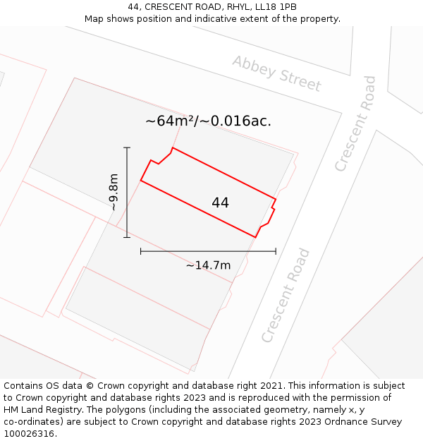 44, CRESCENT ROAD, RHYL, LL18 1PB: Plot and title map