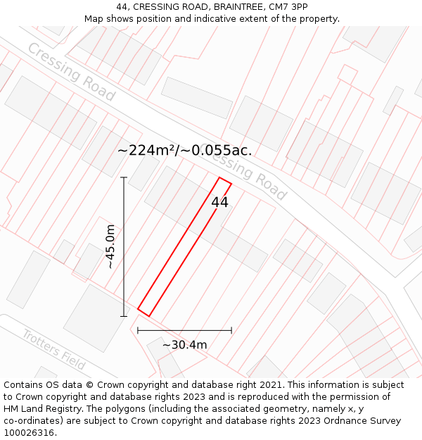 44, CRESSING ROAD, BRAINTREE, CM7 3PP: Plot and title map