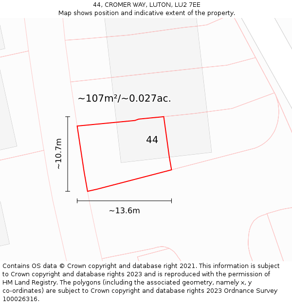 44, CROMER WAY, LUTON, LU2 7EE: Plot and title map