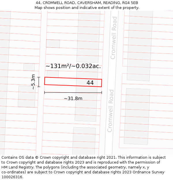 44, CROMWELL ROAD, CAVERSHAM, READING, RG4 5EB: Plot and title map