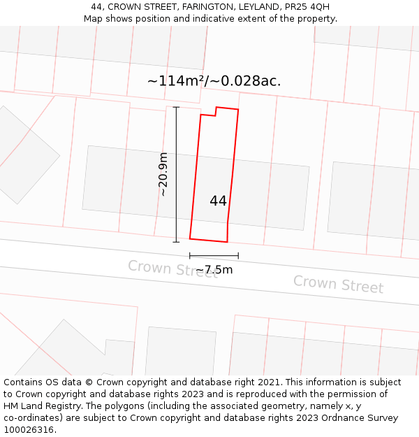 44, CROWN STREET, FARINGTON, LEYLAND, PR25 4QH: Plot and title map
