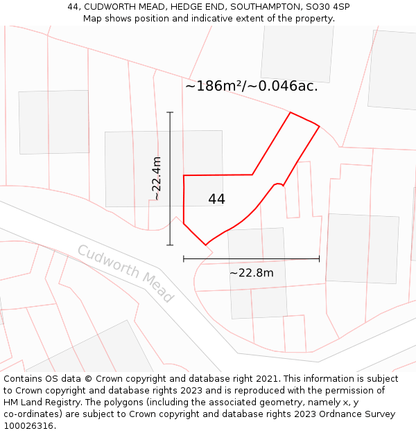 44, CUDWORTH MEAD, HEDGE END, SOUTHAMPTON, SO30 4SP: Plot and title map