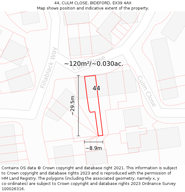 44, CULM CLOSE, BIDEFORD, EX39 4AX: Plot and title map