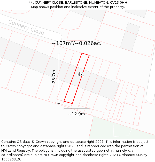 44, CUNNERY CLOSE, BARLESTONE, NUNEATON, CV13 0HH: Plot and title map