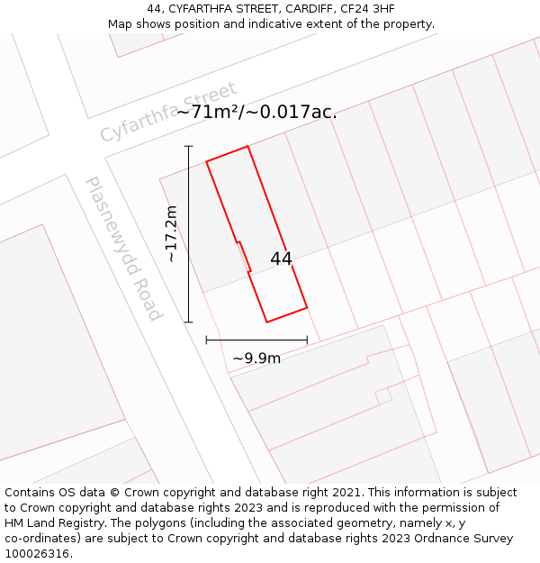 44, CYFARTHFA STREET, CARDIFF, CF24 3HF: Plot and title map