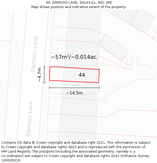 44, DAMSON LANE, SOLIHULL, B91 2RE: Plot and title map