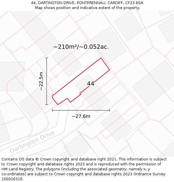 44, DARTINGTON DRIVE, PONTPRENNAU, CARDIFF, CF23 8SA: Plot and title map