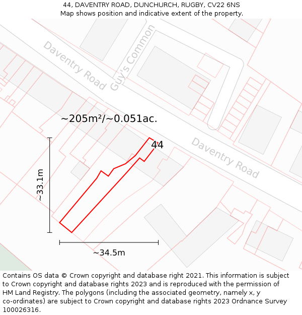 44, DAVENTRY ROAD, DUNCHURCH, RUGBY, CV22 6NS: Plot and title map