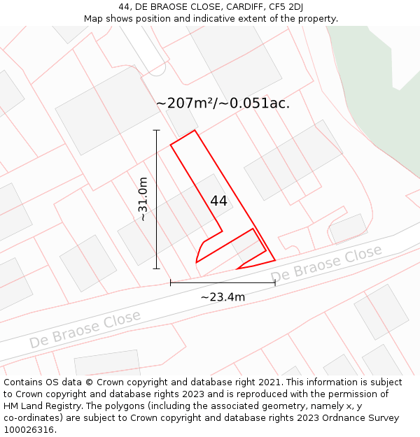 44, DE BRAOSE CLOSE, CARDIFF, CF5 2DJ: Plot and title map