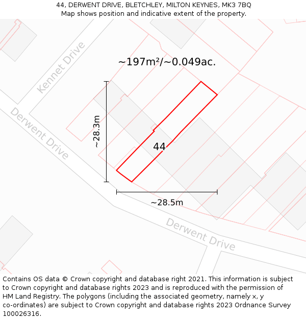 44, DERWENT DRIVE, BLETCHLEY, MILTON KEYNES, MK3 7BQ: Plot and title map