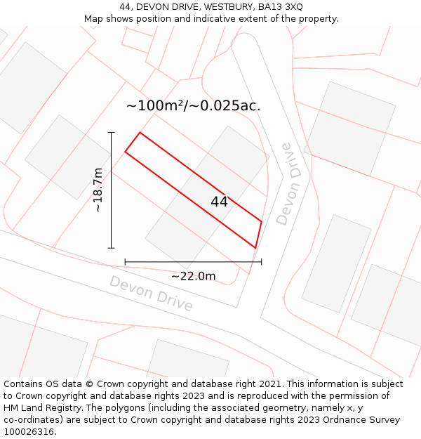 44, DEVON DRIVE, WESTBURY, BA13 3XQ: Plot and title map