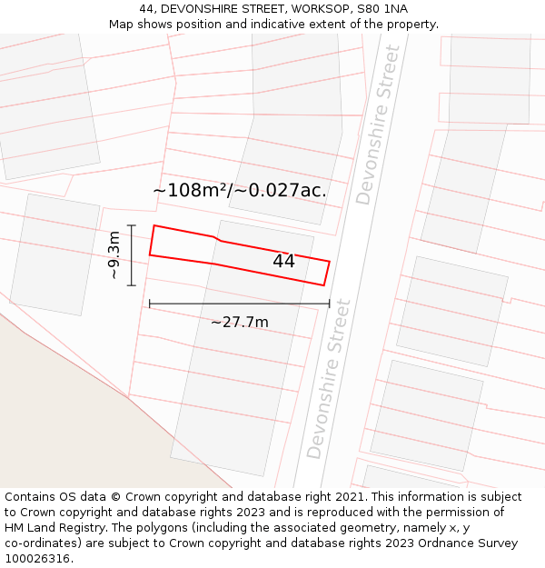 44, DEVONSHIRE STREET, WORKSOP, S80 1NA: Plot and title map
