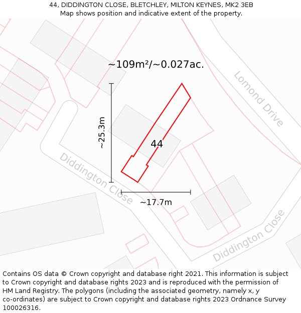 44, DIDDINGTON CLOSE, BLETCHLEY, MILTON KEYNES, MK2 3EB: Plot and title map