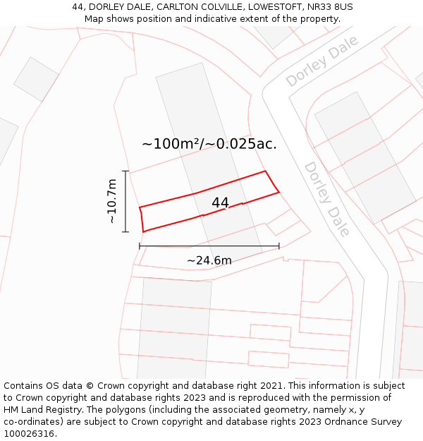 44, DORLEY DALE, CARLTON COLVILLE, LOWESTOFT, NR33 8US: Plot and title map